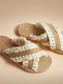 Glizzene Women's Casual Chic Stylish Bohemian Style Sexy Elegant Confident Vibe Tassel Beige/White Flat Sandals, Suitable For Beach, Resort, Versatile, Lightweight, Breathable Open Toe, Soft Comfortable Durable, Cute Sweet Youthful Shallow Khaki Round Toe Elastic EVA Criss-Cross Sandals Valentine's Day Wedding Wedding - Beige - View 2