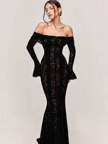 فستان أبيض طويل من الدانتيل بأكتاف مكشوفة للنساء، أكمام طويلة واسعة، قصة جسم الحورية، أنيق وراقي، مناسب للزفاف والمناسبات الرسمية والمناسبات الخاصة، خريف/شتاء - الأسود - مشاهدة 2