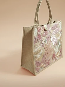 Glizzene 1pc Multi-Color Sequins & Mesh Splice Linen Tote Bag, Fashion Floral & Leaf Embroidery Pattern Large Capacity Shoulder Bag For Women, Casual Vacation Beach Shopping Handbag (Floral Pattern Randomly Distributed), Sparkling Sequin Bags Ladies Elegant , Pink Valentine's Day Wedding Wedding - Baby Pink - View 4