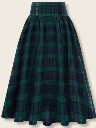 Christmas Plaid Button-Down Waist Skirt For Mature Women