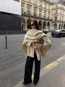 Women's Casual Sexy Asymmetric Hollow Out Knit Pullover Sweater, Loose Batwing Shoulder Blouse, Lightweight Crew Neck Top For Autumn - Apricot - View 1