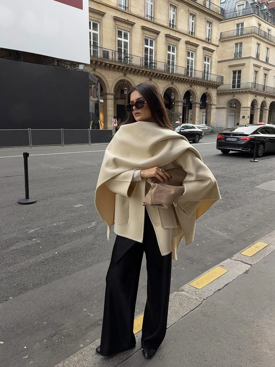 Women's Casual Sexy Asymmetric Hollow Out Knit Pullover Sweater, Loose Batwing Shoulder Blouse, Lightweight Crew Neck Top For Autumn - Apricot - View 1