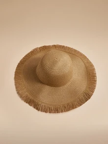 Glizzene 1顶女士户外大檐沙滩遮阳帽，编织蓬松饰边草帽，波西米亚风沙滩帽，夏季