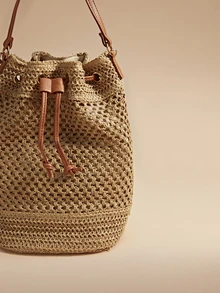Glizzene Damen Urlaubs Boho-Stil Kordelzug Stroh Eimer Schultertasche, Boho-Outfit für Damen Valentinstag Hochzeit - Khaki - Übersicht 2