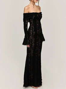 فستان أبيض طويل من الدانتيل بأكتاف مكشوفة للنساء، أكمام طويلة واسعة، قصة جسم الحورية، أنيق وراقي، مناسب للزفاف والمناسبات الرسمية والمناسبات الخاصة، خريف/شتاء - الأسود - مشاهدة 4