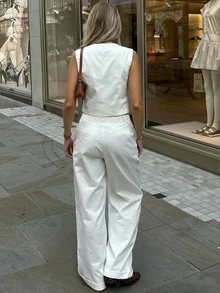 两件套女士优雅时尚办公/通勤套装，白色无袖纽扣背心上衣搭配宽松阔腿裤（带口袋），夏季套装 - 白色 - 查看 3