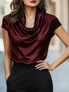 1件女士纯色缎面垂褶设计优雅时尚翻领短袖衬衫，适合办公室、度假、假日、日常穿着，夏季皆宜 - 深紅色 - 查看 1