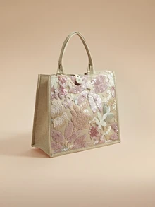 Glizzene 1pc Multi-Color Sequins & Mesh Splice Linen Tote Bag, Fashion Floral & Leaf Embroidery Pattern Large Capacity Shoulder Bag For Women, Casual Vacation Beach Shopping Handbag (Floral Pattern Randomly Distributed), Sparkling Sequin Bags Ladies Elegant , Pink Valentine's Day Wedding Wedding - Baby Pink - View 2