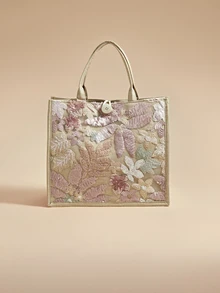 Glizzene 1pc Multi-Color Sequins & Mesh Splice Linen Tote Bag, Fashion Floral & Leaf Embroidery Pattern Large Capacity Shoulder Bag For Women, Casual Vacation Beach Shopping Handbag (Floral Pattern Randomly Distributed), Sparkling Sequin Bags Ladies Elegant , Pink Valentine's Day Wedding Wedding - Baby Pink - View 1