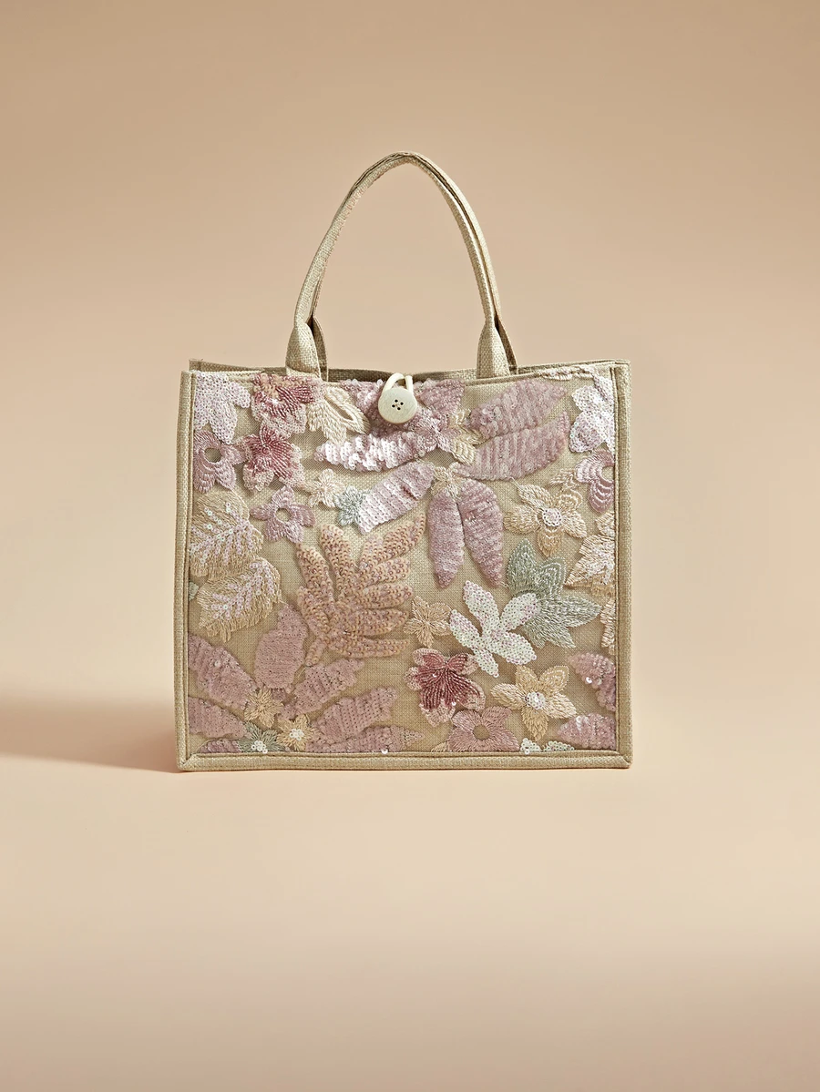 Glizzene 1pc Multi-Color Sequins & Mesh Splice Linen Tote Bag, Fashion Floral & Leaf Embroidery Pattern Large Capacity Shoulder Bag For Women, Casual Vacation Beach Shopping Handbag (Floral Pattern Randomly Distributed), Sparkling Sequin Bags Ladies Elegant , Pink Valentine's Day Wedding Wedding - Baby Pink - View 1