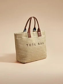 Glizzene 大容量休闲度假草编手提包，简约优雅女士单肩手提包，情人节婚礼适用 - 卡其色 - 查看 2