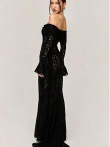 فستان أبيض طويل من الدانتيل بأكتاف مكشوفة للنساء، أكمام طويلة واسعة، قصة جسم الحورية، أنيق وراقي، مناسب للزفاف والمناسبات الرسمية والمناسبات الخاصة، خريف/شتاء - الأسود - مشاهدة 3