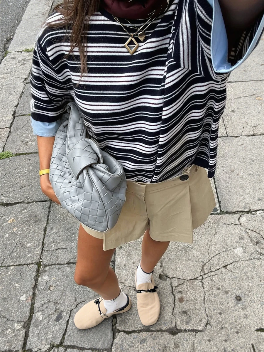 MORI Black & White Striped Round Neck Short Sleeve Contrast Color Loose Knit Sweater, Women's Spring/Summer New Elegant Fashion Minimalist Pullover, Versatile For Daily, Casual, Home, Party, Commute - Multicolor - View 1