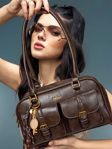 DareSee Women's Retro Solid Color Pu Leather Shoulder Bag With Multiple Pockets Large Capacity Comes With A Detachable Accessory Charm Music-Fest Y2K-Fest Back To School Autumn , Bags Perfect For Fancy Party Matching With Costumes Winter Gifts