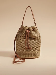 Glizzene Damen Urlaubs Boho-Stil Kordelzug Stroh Eimer Schultertasche, Boho-Outfit für Damen Valentinstag Hochzeit - Khaki - Übersicht 5