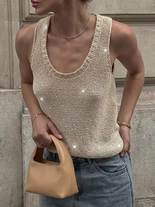 Áo tank top nữ SEREN mùa hè mới, thời trang, giản dị, đi nghỉ mát, thanh lịch, cổ điển, rộng rãi, chất liệu bóng, mỏng, áo dệt kim không tay cổ tròn dành cho nữ, áo gân, trang phục đi nghỉ hè, trang phục đi biển, lễ hội âm nhạc - Màu be - Xem 2