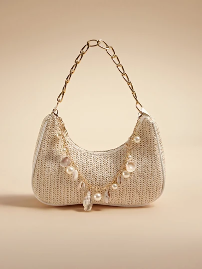 Glizzene 时尚纯色金属链条草编新月形女士多功能手提包、托特包、沙滩包、休闲草编包、手机袋，情人节婚礼必备