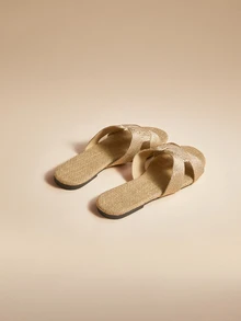 Glizzene 女士编织露趾平底凉鞋，套脚无后跟拖鞋，绳底舒适夏季鞋，沙滩拖鞋，镂空休闲度假家居鞋，情人节婚礼鞋 - 卡其色 - 查看 3