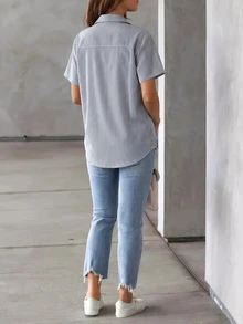 女款條紋上衣，休閒時尚短袖襯衫，夏季黑色 - 黑色 - 查看 4