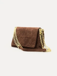 TuEzra 复古风绗缝咖啡棕色绒面方形包现代简约奢华风格女士单肩包绣花线配金属链条五金拉链开合女士斜挎包适合日常购物和休闲穿着 - 咖啡棕 - 查看 4