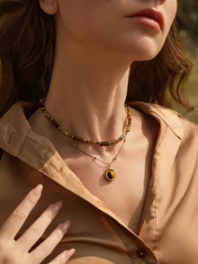 Glizzene 1件/套 复古优雅多层虎眼石吊坠项链，女士双层锁骨链首饰套装，时尚首饰，闺蜜礼物（天然石色及圆/方珠数量和形状随机）情人节婚礼 - 彩色 - 查看 1