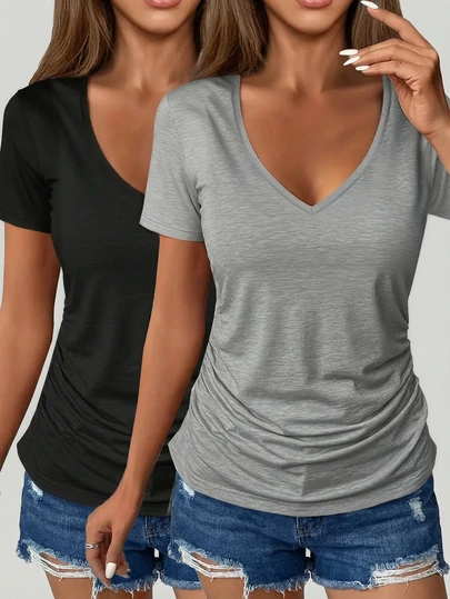 2pcs Women's Casual V-Neck Short Sleeve T-Shirt - Loose Fit Solid Color Tops (Black/Gray), Machine Washable, Versatile For All Seasons, Daily Wear, Pleated Design, Comfortable