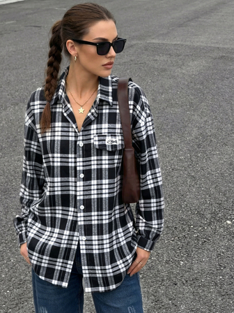Women's Vintage Plaid Loose Long Sleeve Shirt/Plaid Casual Button-Up Top/Lightweight Loose, Suitable For Spring, Summer, Autumn/Machine Washable/Long Sleeve Shirt/Versatile/Classic Collar Design/Easy Care Fabric