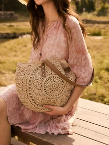 Glizzene Hollow Out Summer Round Bags For Women Rattan Shoulder Bag Girls Handmade Woven Handbags Female Large,Summer,Perfect For Vacation,Holiday,School Bag,Large Capacity,Portable,Classic Casual,For Teen Girls Women College Students ,Vacation Essentials Valentine's Day Wedding - Beige - View 1