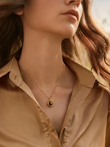 Glizzene 1件/套 复古优雅多层虎眼石吊坠项链，女士双层锁骨链首饰套装，时尚首饰，闺蜜礼物（天然石色及圆/方珠数量和形状随机）情人节婚礼 - 彩色 - 查看 9