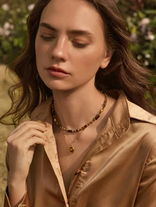 Glizzene 1件/套 复古优雅多层虎眼石吊坠项链，女士双层锁骨链首饰套装，时尚首饰，闺蜜礼物（天然石色及圆/方珠数量和形状随机）情人节婚礼 - 彩色 - 查看 5