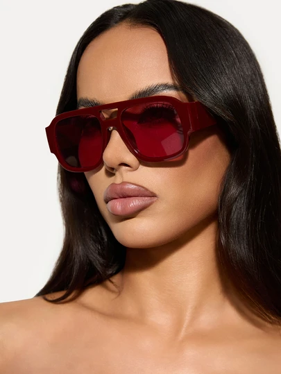 TuEzra 1 Pair Women Red Frame Fashion Glasses, Fashionable Beach Accessory For Summer Shades Casual Style Oversized Aviator Frame For Going Out Outfit,Back To School