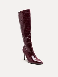 TuEzra Classic Pointed-Toe Women's Sexy Stiletto High Heel Winter Stone Texture Zipper Warm Boots, Brown & Burgundy PU Leather,Knee High Boots Valentine's Day