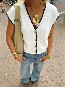 Áo khoác cardigan dệt kim cổ chữ V mở phía trước mới của SEREN dành cho nữ mùa xuân/hè, thanh lịch, thoải mái, dáng rộng, tay ngắn, viền phối màu, áo len mùa hè cho nữ, chiều dài tiêu chuẩn, màu trắng, áo kiểu cho trang phục ngày lễ, lễ hội âm nhạc dành cho nữ - trắng - Xem 3