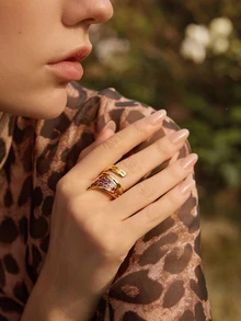 Glizzene 1 pieza Anillo abierto geométrico de acero inoxidable con estampado de leopardo, diseño minimalista y de moda, adecuado para uso diario, regalo para novia/amiga (talla ajustable, evite doblar con fuerza para evitar deformación) Día de San Valentín Boda - Multicolor - Ver 4