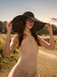 Glizzene 1pc Women's Black Wide Brim Foldable Straw Hat, French Retro Style, Suitable For Beach, Travel, Photo Shooting, Wedding, Music Festival, Valentine's Day Gift Valentine's Day Wedding - Black - View 5