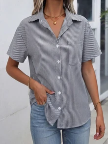 女款條紋上衣，休閒時尚短袖襯衫，夏季黑色 - 黑色 - 查看 5