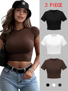 3 piezas Camiseta ajustada de manga corta y cuello redondo de unicolor para mujer, top de verano sexy y elegante, apto para uso diario - Multicolor - Ver 1