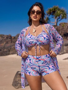 2025新款欧美三件套，随机印花，性感优雅无肩带沙滩度假装，夏季 - 彩色 - 查看 1