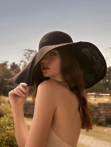 Glizzene 1pc Women's Black Wide Brim Foldable Straw Hat, French Retro Style, Suitable For Beach, Travel, Photo Shooting, Wedding, Music Festival, Valentine's Day Gift Valentine's Day Wedding - Black - View 3