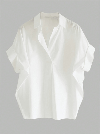 纯色领口简约纯色衬衫，优雅宽松短袖衬衫，适合办公室和工作，女士