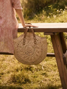 Glizzene Hollow Out Summer Round Bags For Women Rattan Shoulder Bag Girls Handmade Woven Handbags Female Large,Summer,Perfect For Vacation,Holiday,School Bag,Large Capacity,Portable,Classic Casual,For Teen Girls Women College Students ,Vacation Essentials Valentine's Day Wedding - Beige - View 2