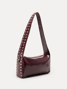 TuEzra 1pc Women's Large Capacity Burgundy Square Handbag With Rivet Decoration, Adjustable Wide Strap, Niche Design, Commuter Underarm Bag, Fashionable Burgundy Bag , Red Bag Valentine's Day - Burgundy - View 2