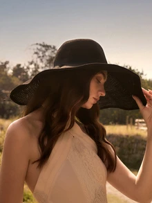 Glizzene 1pc Women's Black Wide Brim Foldable Straw Hat, French Retro Style, Suitable For Beach, Travel, Photo Shooting, Wedding, Music Festival, Valentine's Day Gift Valentine's Day Wedding - Black - View 2