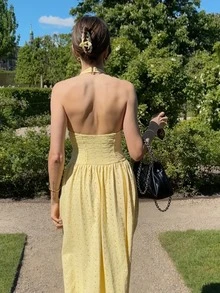 Women's New Elegant Casual Sexy Light Yellow Embroidered Deep V Halter Backless A-Line Midi Dress - Full Embroidery, Halter Tie Detail, Sleeveless, High Slit, Bust Ruffle Detail, Cinched Waist A-Line Silhouette, Backless, Deep V Neck Midi Dress - Yellow - View 2