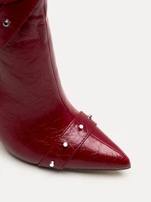 TuEzra 2025秋冬季12厘米性感时尚皮革绑带金属扣铆钉尖头休闲百搭侧拉链酒红色女士高筒靴/高跟鞋 - 酒紅色 - 查看 6