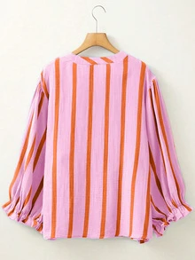 1pc Women's Casual V-Neck Ruffle Sleeve Striped Print Loose Blouse, Spring/Summer/Autumn, Pink & Blue - Pink - View 2