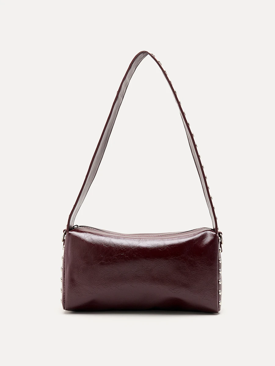 TuEzra 1pc Women's Large Capacity Burgundy Square Handbag With Rivet Decoration, Adjustable Wide Strap, Niche Design, Commuter Underarm Bag, Fashionable Burgundy Bag , Red Bag Valentine's Day - Burgundy - View 1