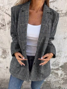 Women's Casual Retro Houndstooth Lapel Blazer Jacket, Fashion Style For Autumn/Winter - Grey - View 4