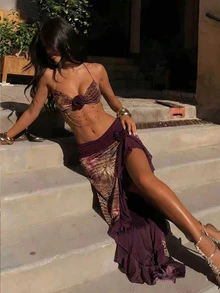 3pcs Women's Floral Print Elegant Sexy Backless Tie-Up 3D Flower Vacation Beach Outfit, Includes Bikini Top, Skirt, Spring/Summer - Multicolor - View 1