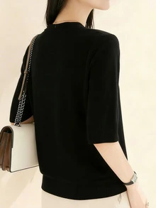 女士精致半高领中袖针织毛衣，时尚优雅宽松版型，七分袖，适合秋冬季节穿着 - 黑色 - 查看 2